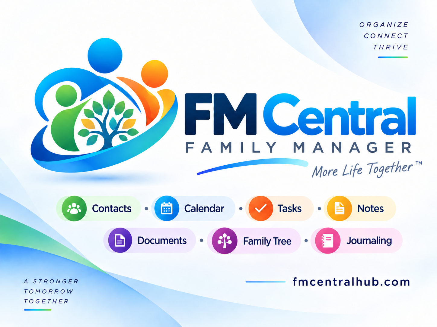 FM Central Family Manager featuring Contacts, Calendar, Tasks, Notes, Documents, Family Tree and Journaling