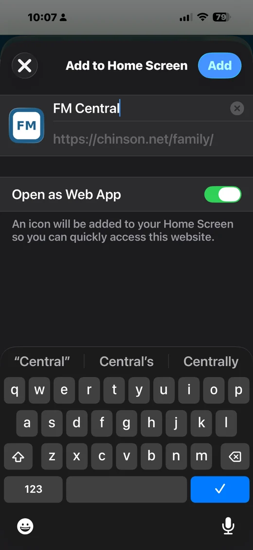 iPhone Add to Home Screen setup for FM Central