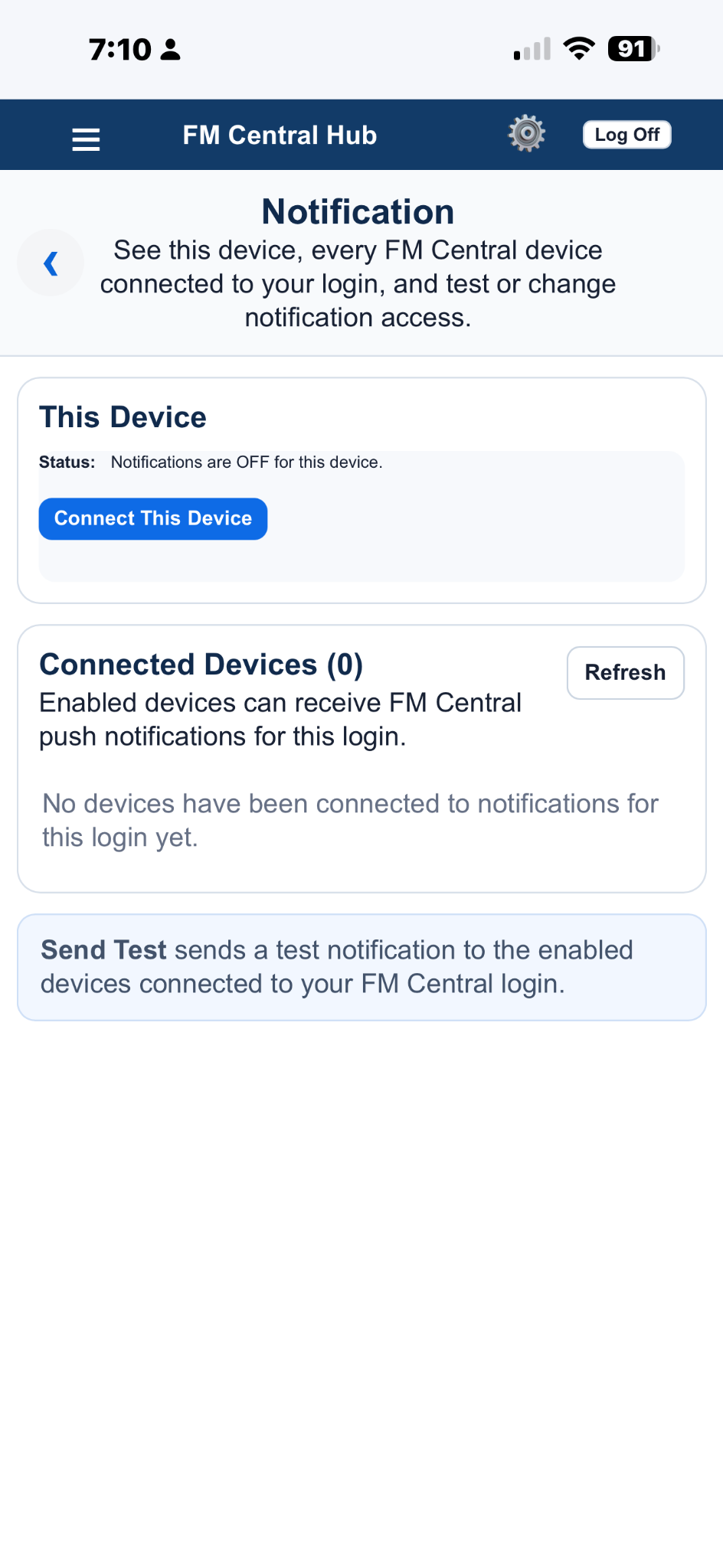 FM Central Notification screen showing Connect This Device