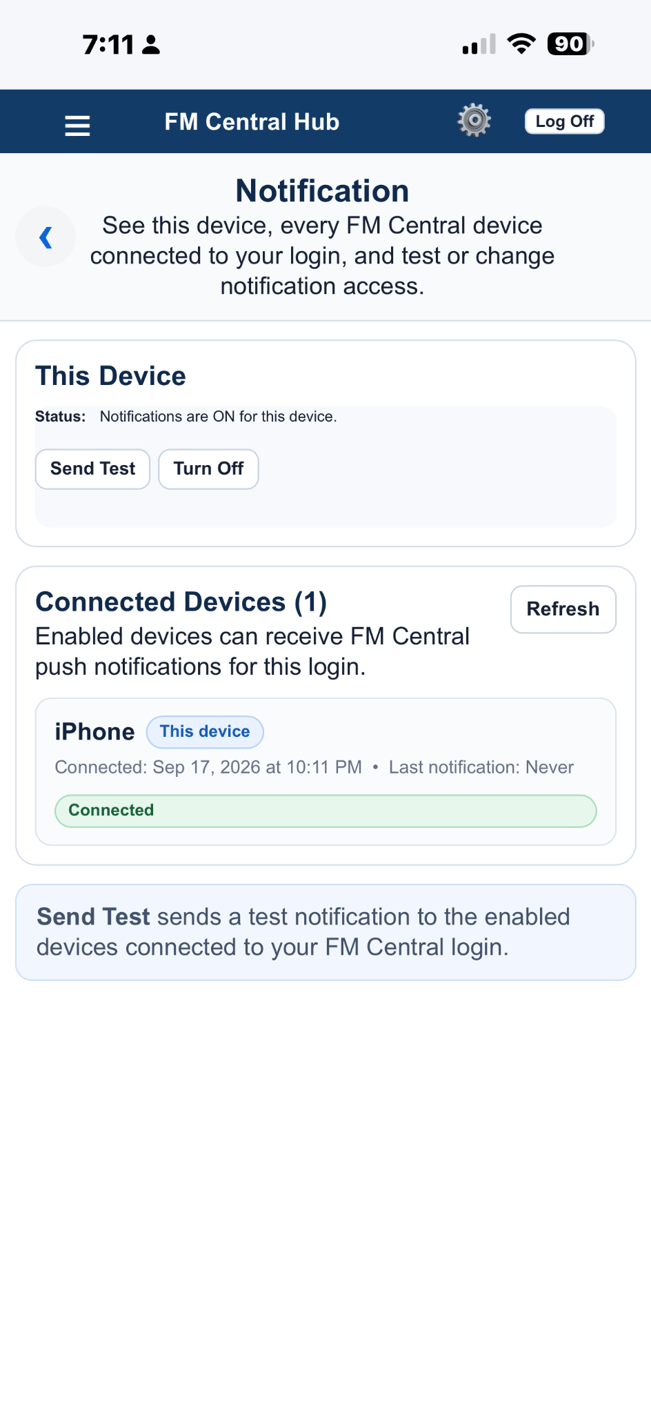 FM Central showing the iPhone connected with Send Test button