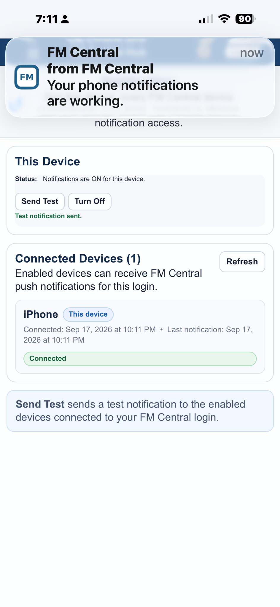 FM Central test notification confirming phone notifications are working